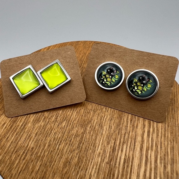 Classic Edgy Round & Square Stud Earring Set- Cat Stud Earrings - Picture 3 of 15